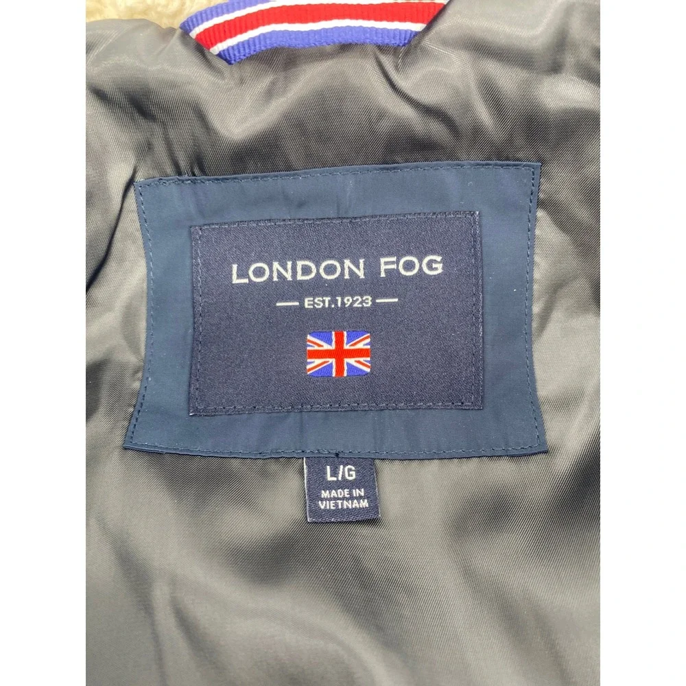 London Fog Hooded Puffer Jacket Mens Large Navy Blue Full Zip Quilted Coat NEW
